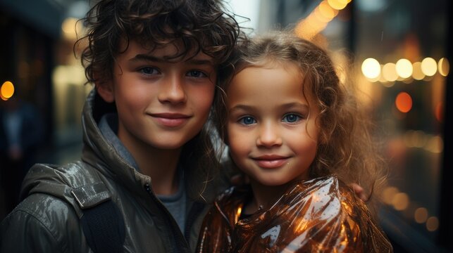 Kids boy and girl happy and smiling on rainy day. Generative AI