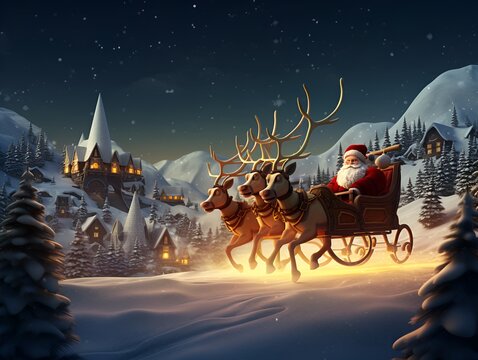Santa Claus is riding a reindeer sleigh with snow mountains in the background. christmas concept