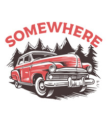 Vintage Travel Art: Old-fashioned Autos and Scenic Landscapes for the Ultimate Outdoor Adventure Experience | T-shirt, logo, sticker, ready-to-print, hand-drawn vector, outdoor adventure design