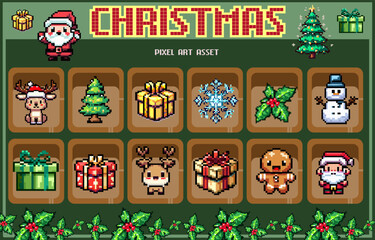 Set of christmas pixel art asset icons