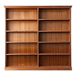 Empty wooden bookshelves isolated on transparent background