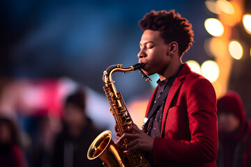 A man in red jacket playing a saxophone on the night street