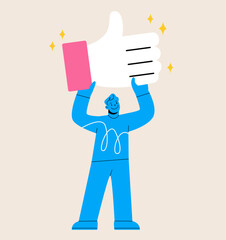 Man holding social icon balloon. Thumb up. Social media sign. Colorful vector illustration