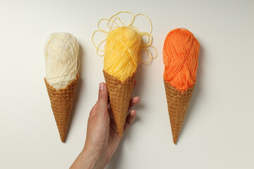 Knitting, concept of cozy home hobby in cold season