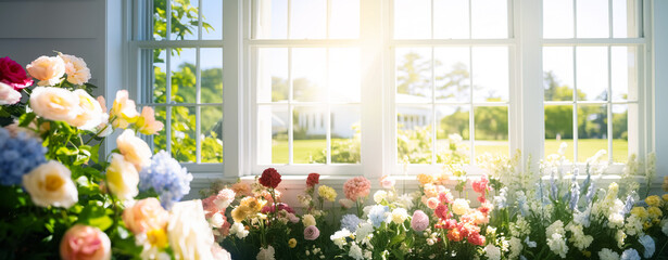 Beautiful various colorful with vintage big window in morning garden.nature and environment background.for decoration design