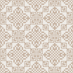 Geometric pixel embroidery seamless pattern. Vector geometric floral shape seamless pattern pixel art style. Ethnic geometric stitch pattern use for textile, wallpaper, cushion, upholstery, wrapping.