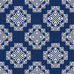 Geometric blue-white embroidery pattern. Vector geometric floral square shape seamless pattern pixel art style. Ethnic geometric pattern use for textile, wallpaper, cushion, upholstery, wrapping, etc.