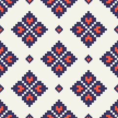 Geometric floral embroidery pattern. Vector geometric floral seamless pattern colorful pixel art style. Geometric traditional stitch pattern use for textile, wallpaper, cushion, upholstery, wrapping.