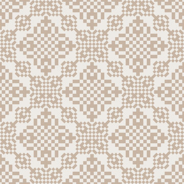 Geometric pixel embroidery seamless pattern. Vector geometric floral shape seamless pattern pixel art style. Ethnic geometric stitch pattern use for textile, wallpaper, cushion, upholstery, wrapping.
