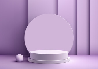 3D of a white podium with circle backdrop and ball on the floor with a purple background is perfect for showcasing products or other items.. vector illustration