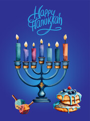 Happy Hanukkah colorful card with menorah, Latkes, Dreidel, lettering. Vector, watercolor style