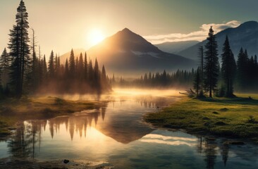 Fototapeta na wymiar Stunning Sunrise Over Mountain Stream Landscape - Generative AI