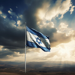 Fototapeta premium Israel flags on the cloudy sky background. Made with generative ai