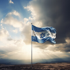 Israel flags on the cloudy sky background. Made with generative ai