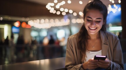 Young woman smiling with a cell phone in her hand in the shopping mall. Generative AI