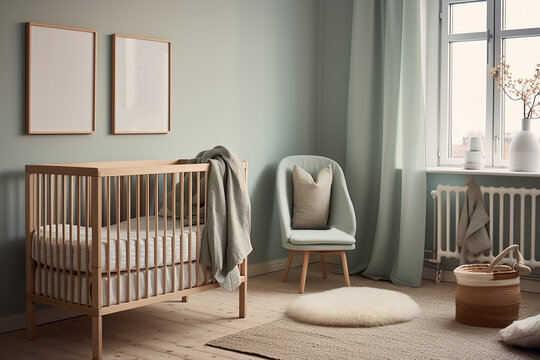 A baby nursery with Scandinavian cribs, soft textiles, and a calming color palette.