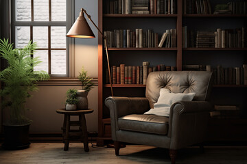 Fototapeta na wymiar A corner with a plush armchair, a floor lamp, and a bookshelf filled with Scandinavian literature.