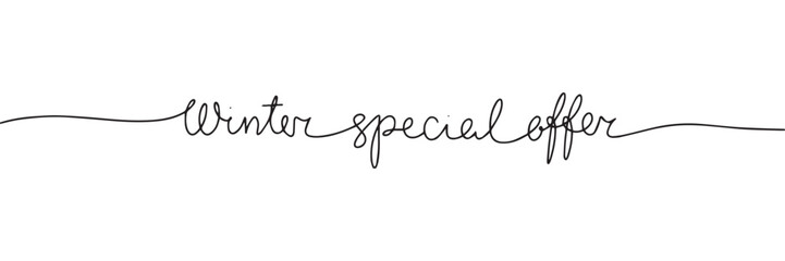 Winter special offer one line continuous text. Text banner winter. Line art winter short phrase handwriting monoline. Vector illustration.