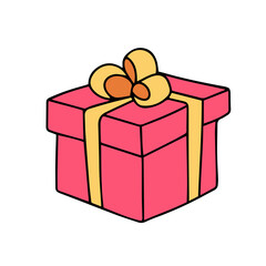 Hand drawn gift box colored outline. Doodle gift box isolated on white background. Vector illustration.