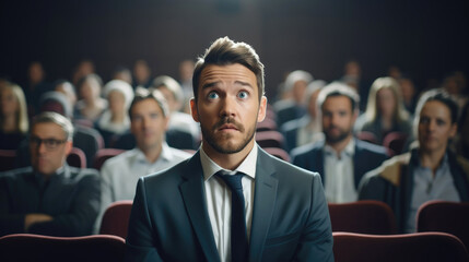 A man in a suit with an astonished look is sitting with colleagues at the presentation. Generative AI