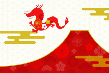 辰年の年賀状テンプレート　伝統模様と富士山