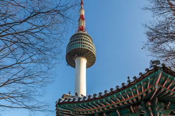 Seoul Tower with Korea pavilionin winter at Namsan mountain, Seoul, South Korea