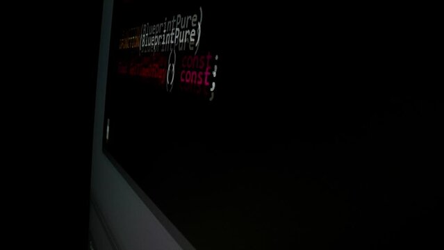 Closeup macro shot movement of coding script moving across LED screen with real-time AI-generated typing, showcasing advanced AI learning in optimization, debug and coding for software development.