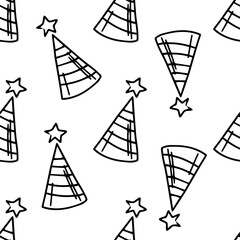 Doodle-style seamless pattern of cone party hat. Festive concept. Hand drawn vector outline sketch.