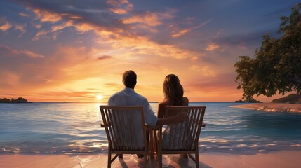 Obraz premium Couple admiring the beautiful white sand beachcouple admiring the sunset at the beach