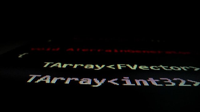 Closeup macro shot movement of coding script moving across LED screen with real-time AI-generated typing, showcasing advanced AI learning in optimization, debug and coding for software development.