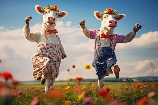 zwei tanzende K&uuml;he auf der Wiese, two dancing cows on the meadow