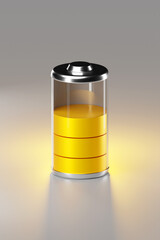 Battery icon with yellow indicator. Phone battery, electric charging station.3D illustration