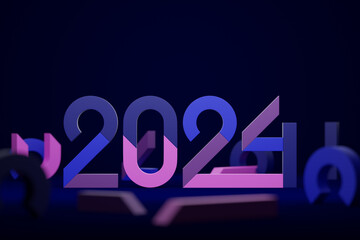 Welcome creative concept 2024. Happy New Year 2024. Outstanding 3D text on black background, 3D illustration