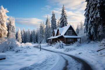 Stunning winter landscape with wooden houses covered with snow. Christmas and winter holidays concept
