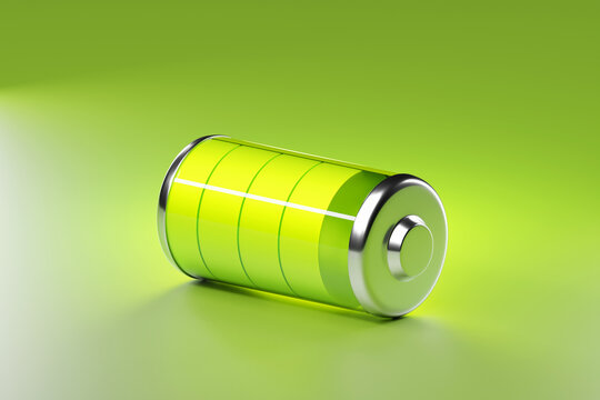 Close-up 3D illustration of   greeb  indicators value on a  battery on green  background.