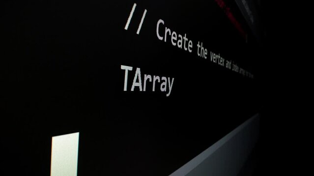Closeup macro shot movement of coding script moving across LED screen with real-time AI-generated typing, showcasing advanced AI learning in optimization, debug and coding for software development.