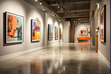 A hallway featuring wall-mounted art pieces, track lighting, and polished concrete floors for a gallery-like atmosphere.