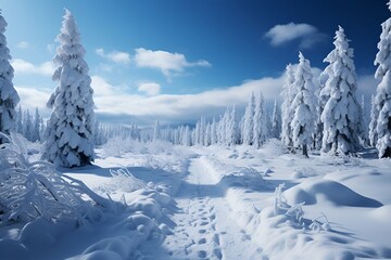 street view in winter with white trees and clear skies