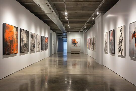 A hallway featuring wall-mounted art pieces, track lighting, and polished concrete floors for a gallery-like atmosphere.
