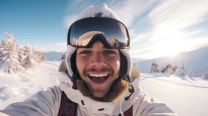 Young man snowboarder taking a selfie at mountain peak while snowboarding. Generative AI