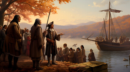 Sailing Ships in harbour Native Americans meet Christopher Columbus - obrazy, fototapety, plakaty