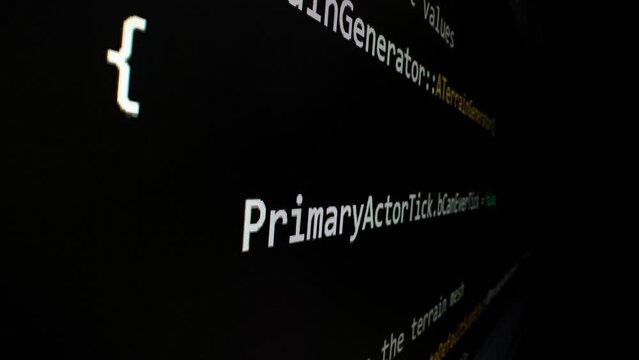 Closeup macro shot movement of coding script moving across LED screen with real-time AI-generated typing, showcasing advanced AI learning in optimization, debug and coding for software development.
