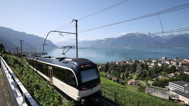Beautiful scenery of Lake Geneva with train, Montreux, Switzerland