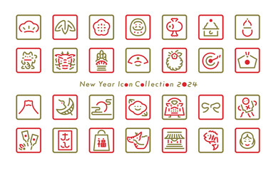 2024年辰や縁起物のシンプルおしゃれなお正月のシンボル・年賀素材用の細い線のベクターデザインアイコンセット_四角判子