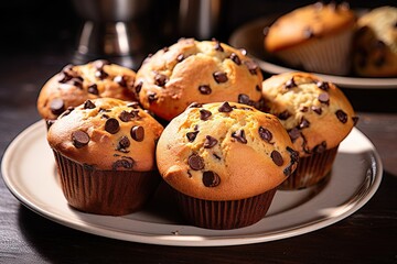 Morning bliss. Close up homemade freshly baked chocolate chip  muffin. Indulgence on plate deliciously