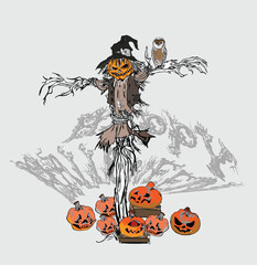 Spooky scarecrow with pumpkin Halloween party celebration. Halloween poster background graphic. T-shirt printing idea.