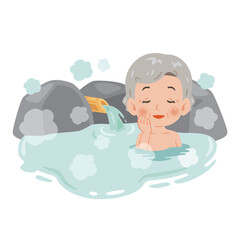 温泉に浸かる高齢女性