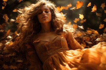 Woman lying in grass, surrounded by a circle of floating autumn leaves - Nature's embrace in fall season - AI Generated