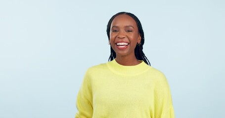 Woman, face and pointing to you in studio for choice, decision of winner and volunteering. Portrait, happy african model and finger emoji for recruitment, hiring and voting yes on white background