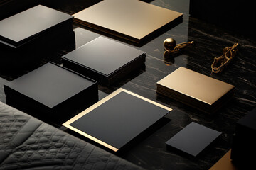 Luxury, consistent and opulent packaging and business card mock up compositions for branding